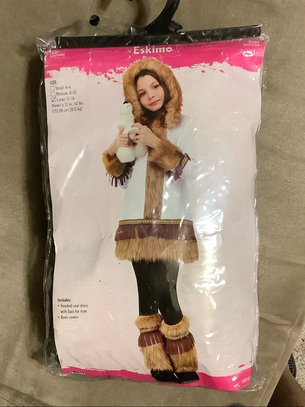 Eskimo White and Brown Faux Fur Hooded Kids Costume Size Large